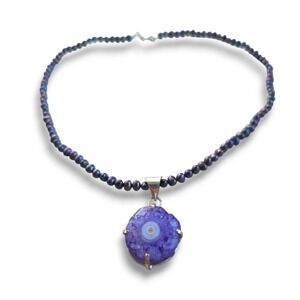 Artisan Amethyst Geode Pendant Genuine Peacock Pearl 925 Sterling Necklace